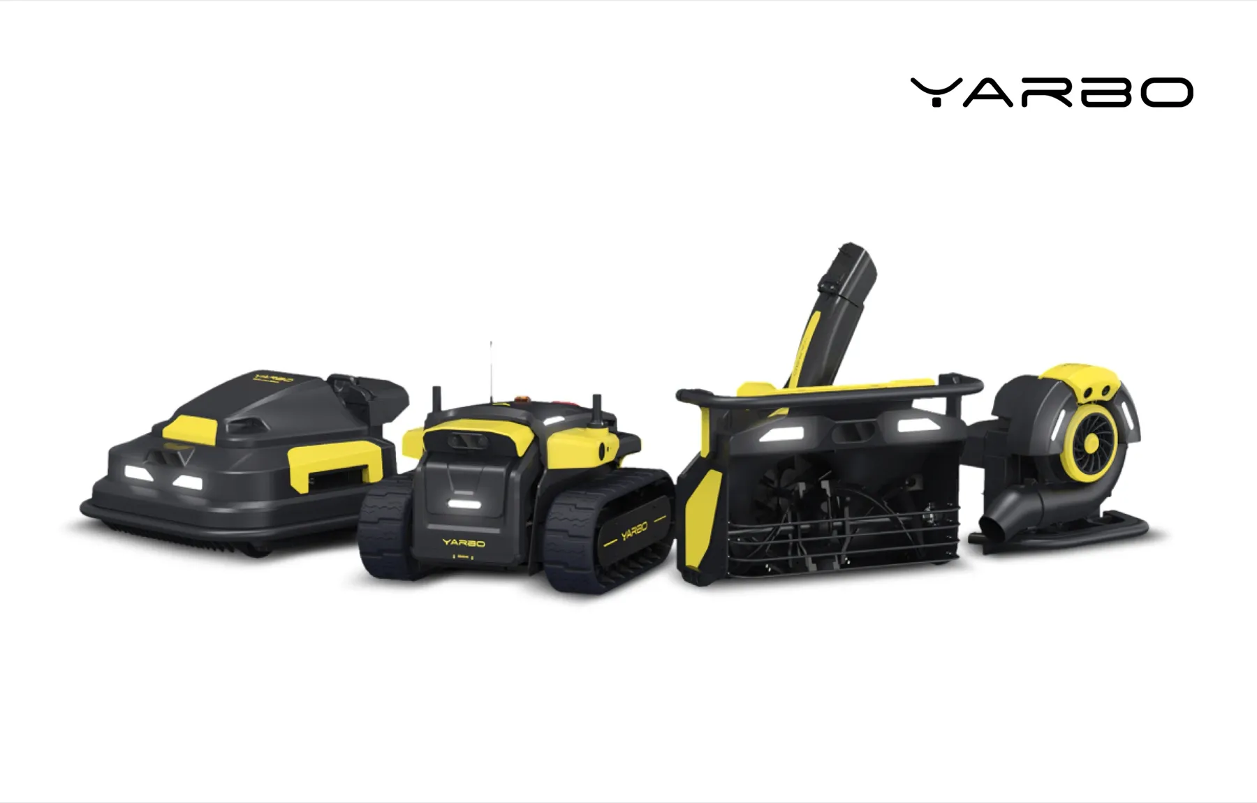 La gamme de robots Yarbo : robot chenillé, module tondeuse, module souffleuse et module souffleur de feuilles